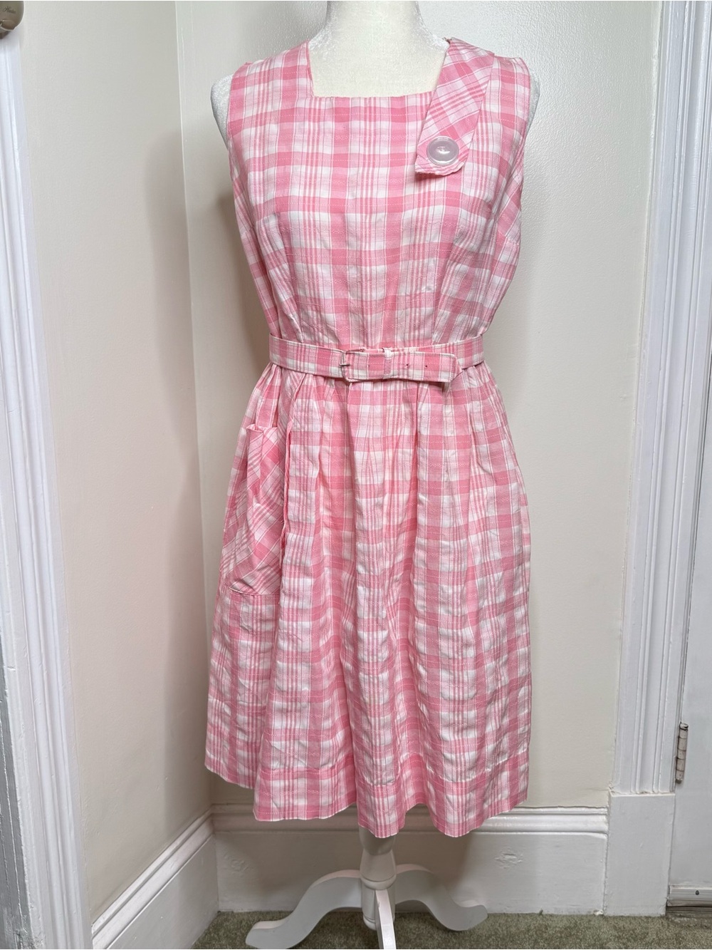 VTG 50s Pink White Plaid Gingham House Dress No Size Medium? Barbie Union Made